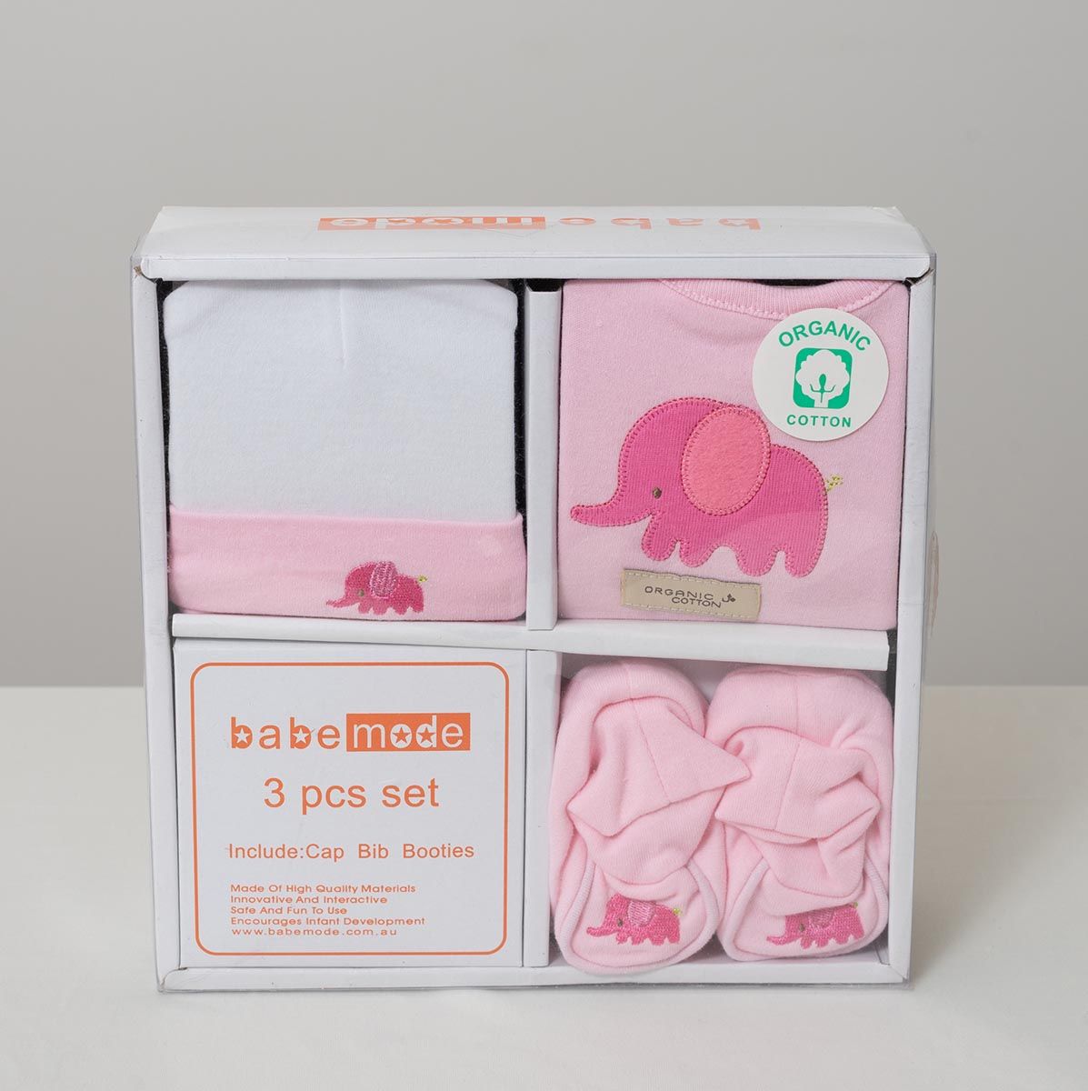 Organic Pink Elephant Baby Gift Set 3PCS
